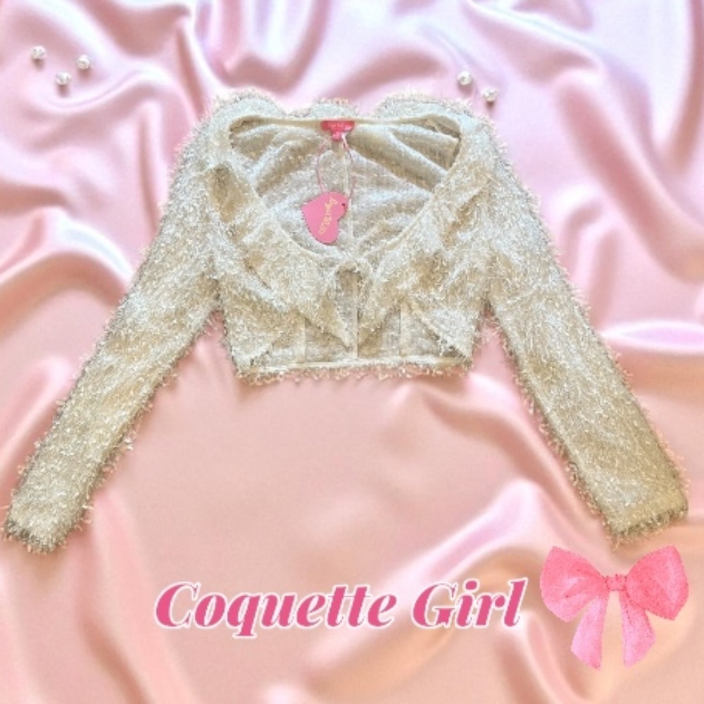 NWT Sugar Thrillz Never Too Much White Fuzzy Cropped Cardigan Sz S